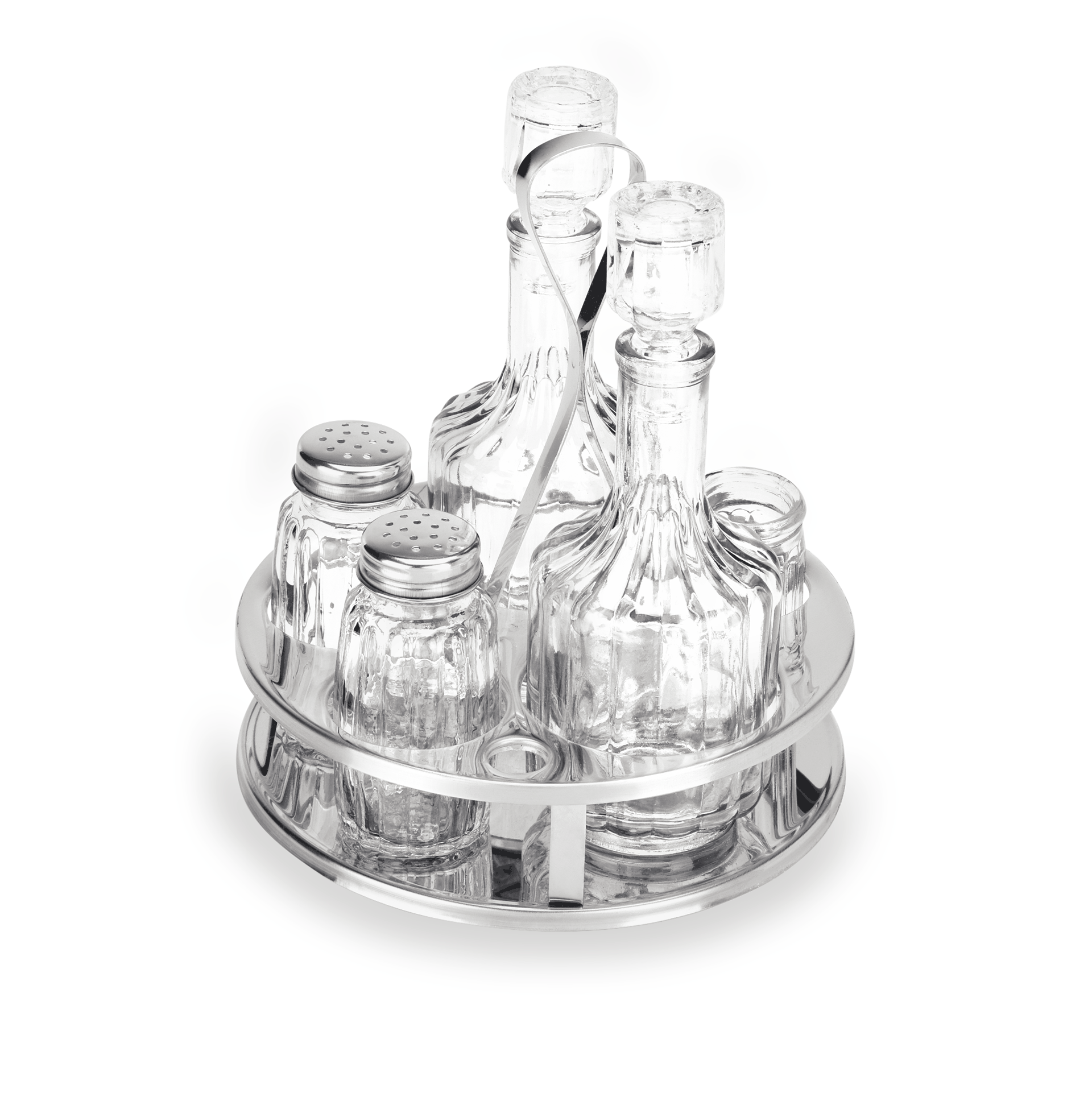 Cruet with containers for salt, pepper, vinegar, oil, toothpicks