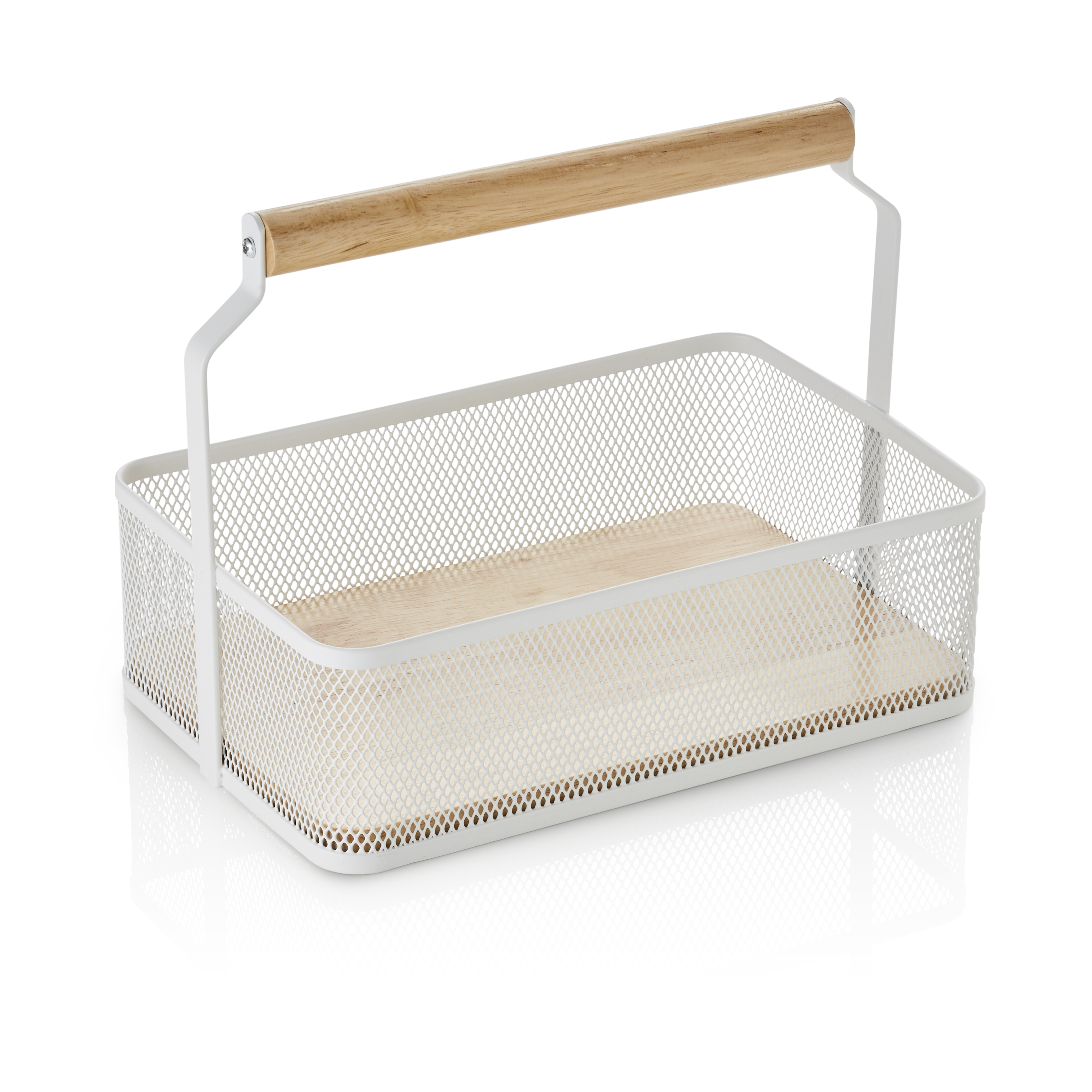 Table Caddy / metal basket with wooden handle, 23.5x15.6x7.5cm - white